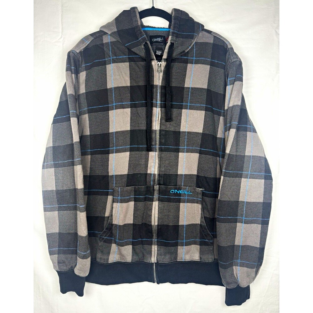 O'Neill Men's Plaid Fleece Full Zip Hooded Hoodie w/ Pockets Logo Size L